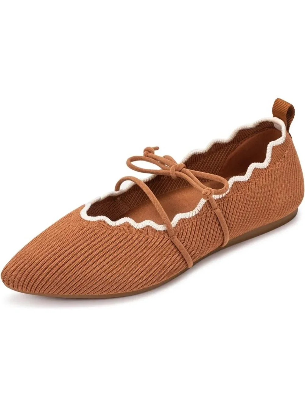 Women's Tan Rubber Knitted Slip On Pointed Toe with Ruffled Vamp Elastic Flats